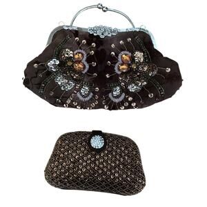 Lot 2: Beaded Purse With Chain And Sequin Clamshell Purse Brown.